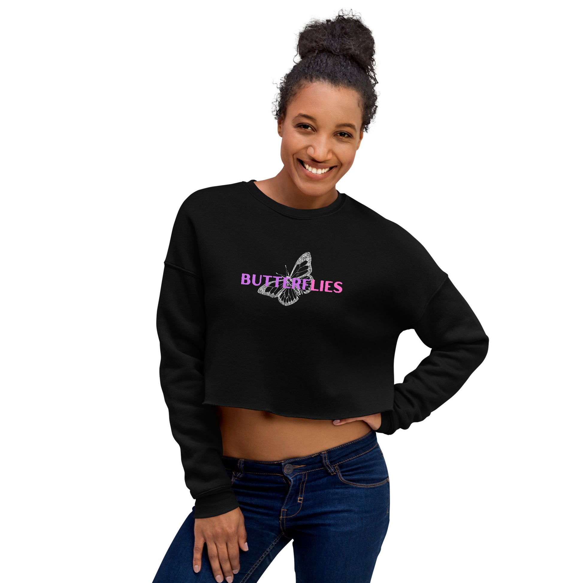 Whispers Of Wings Butterflies Women's Crop Sweatshirt - Black - FLAKOUT