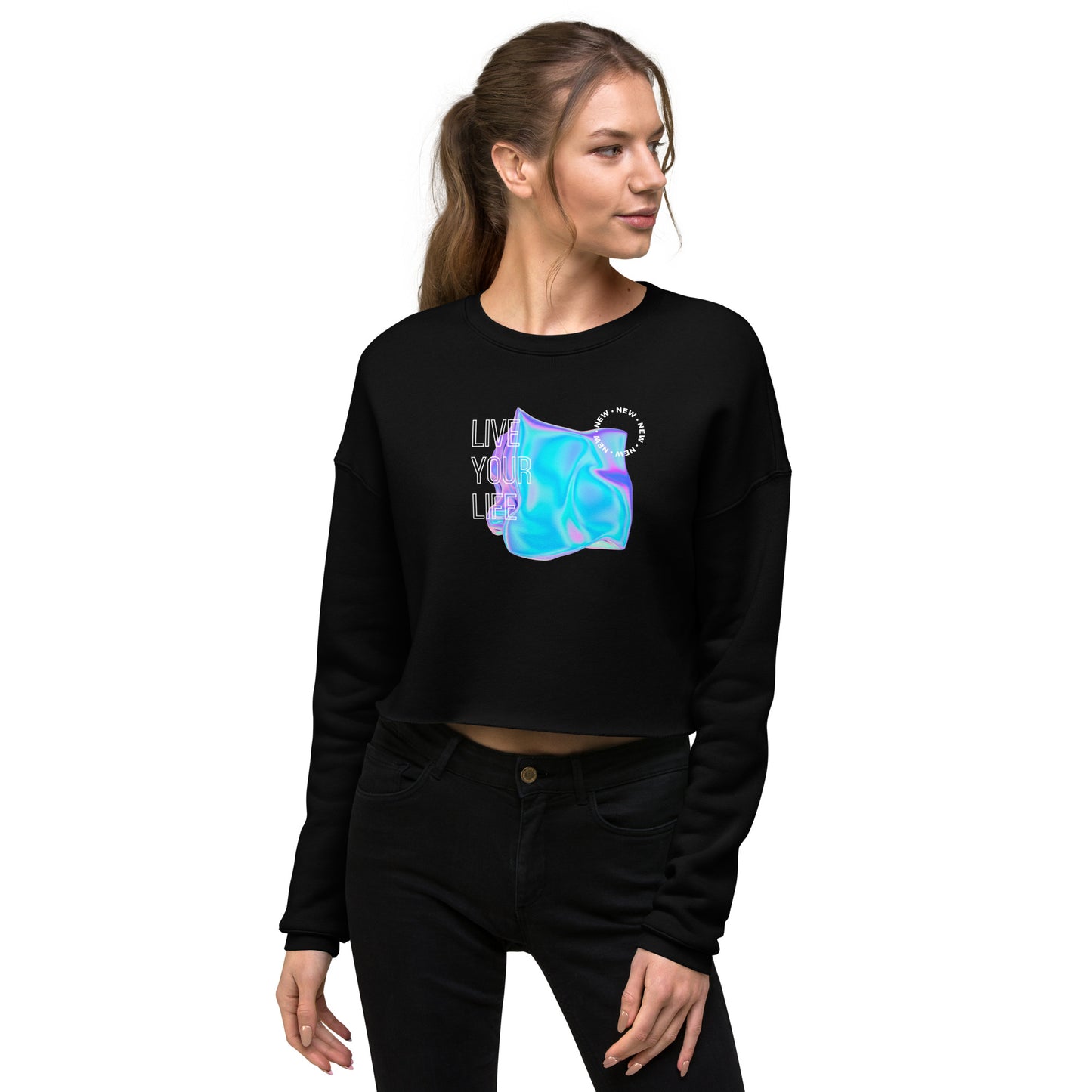 Vivid Existence Live Your Life Women's Crop Sweatshirt - Black - FLAKOUT