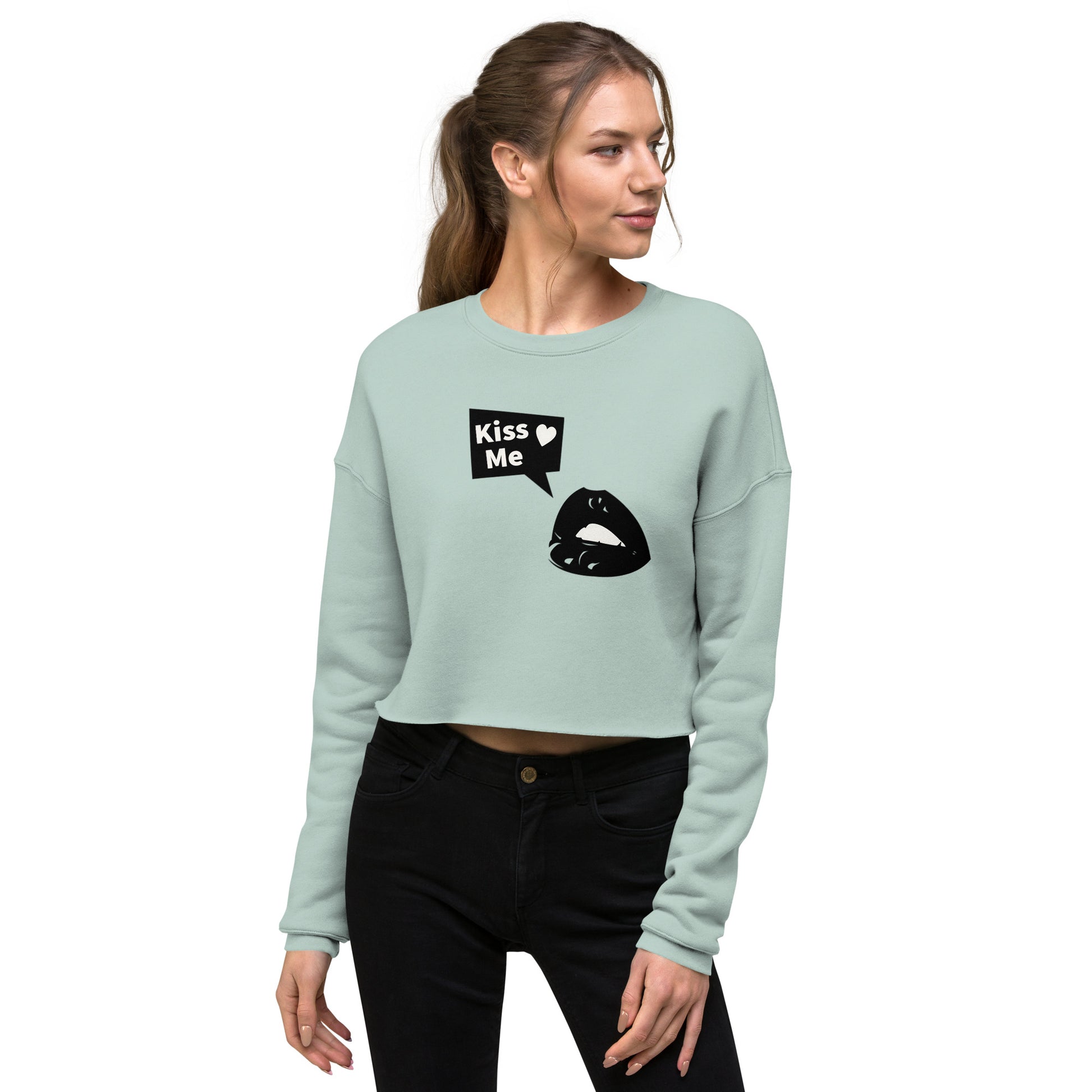 Sweet Talker Kiss Me Women's Crop Sweatshirt - Dusty Blue - FLAKOUT