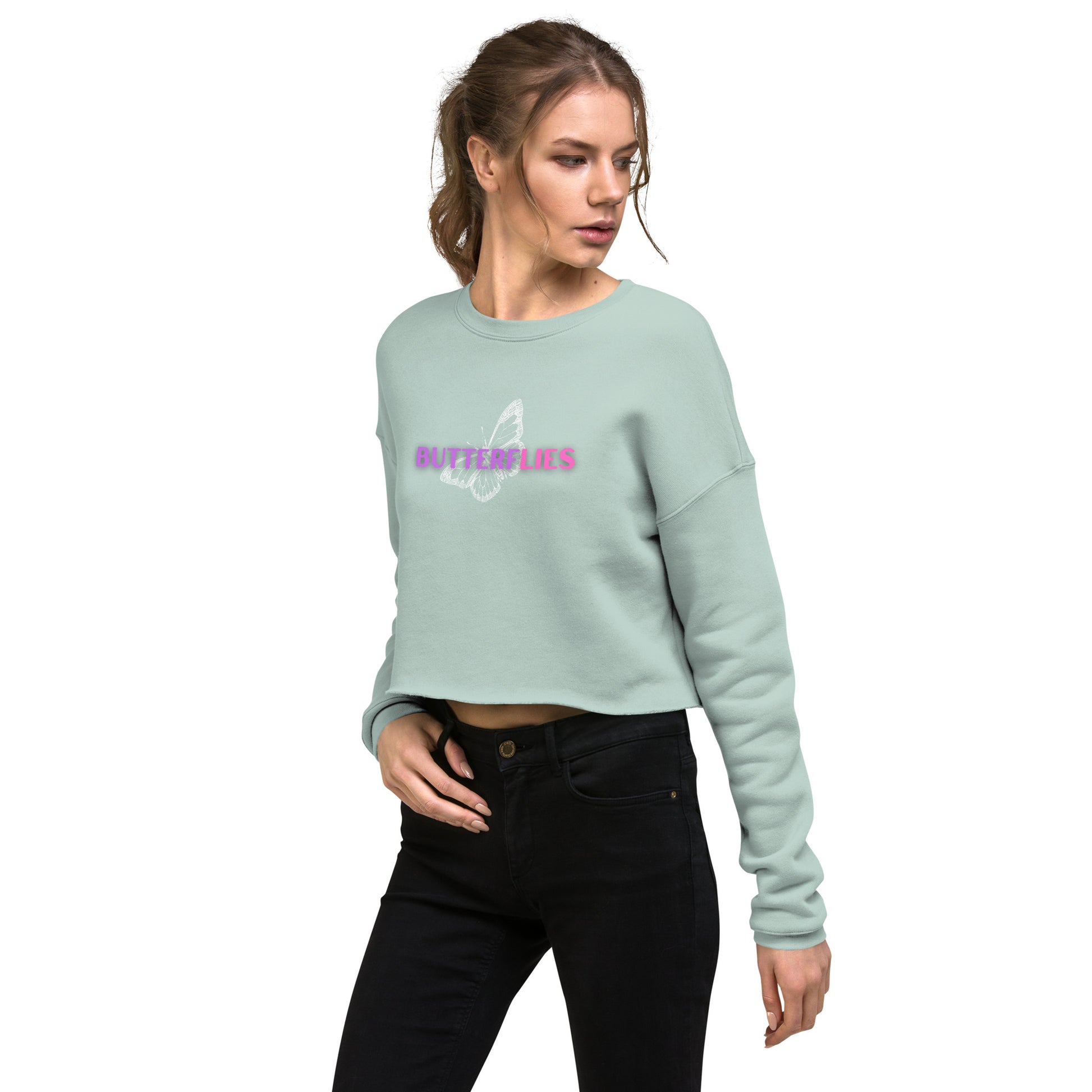 Whispers Of Wings Butterflies Women's Crop Sweatshirt - Dusty Blue - FLAKOUT