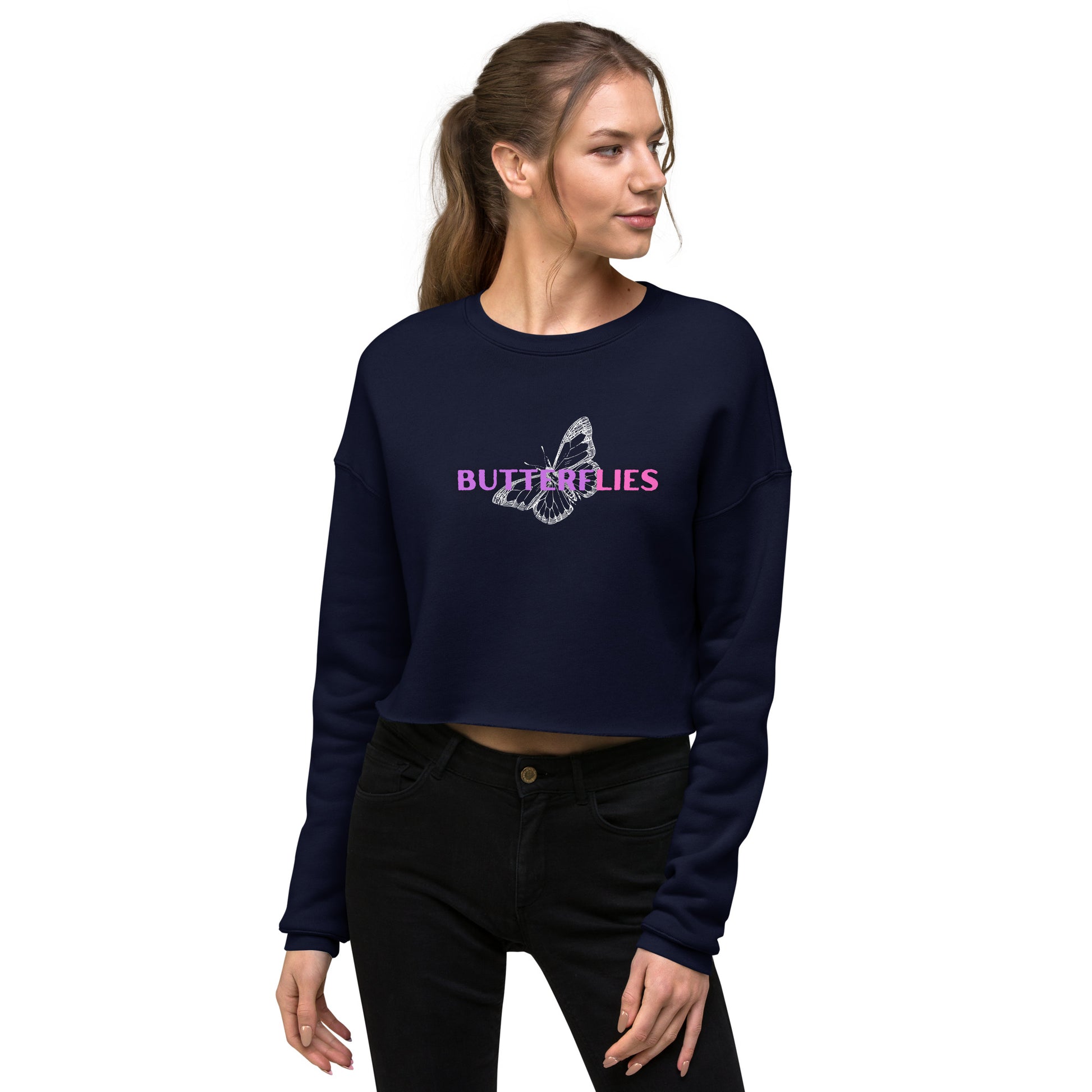 Whispers Of Wings Butterflies Women's Crop Sweatshirt - Navy - FLAKOUT