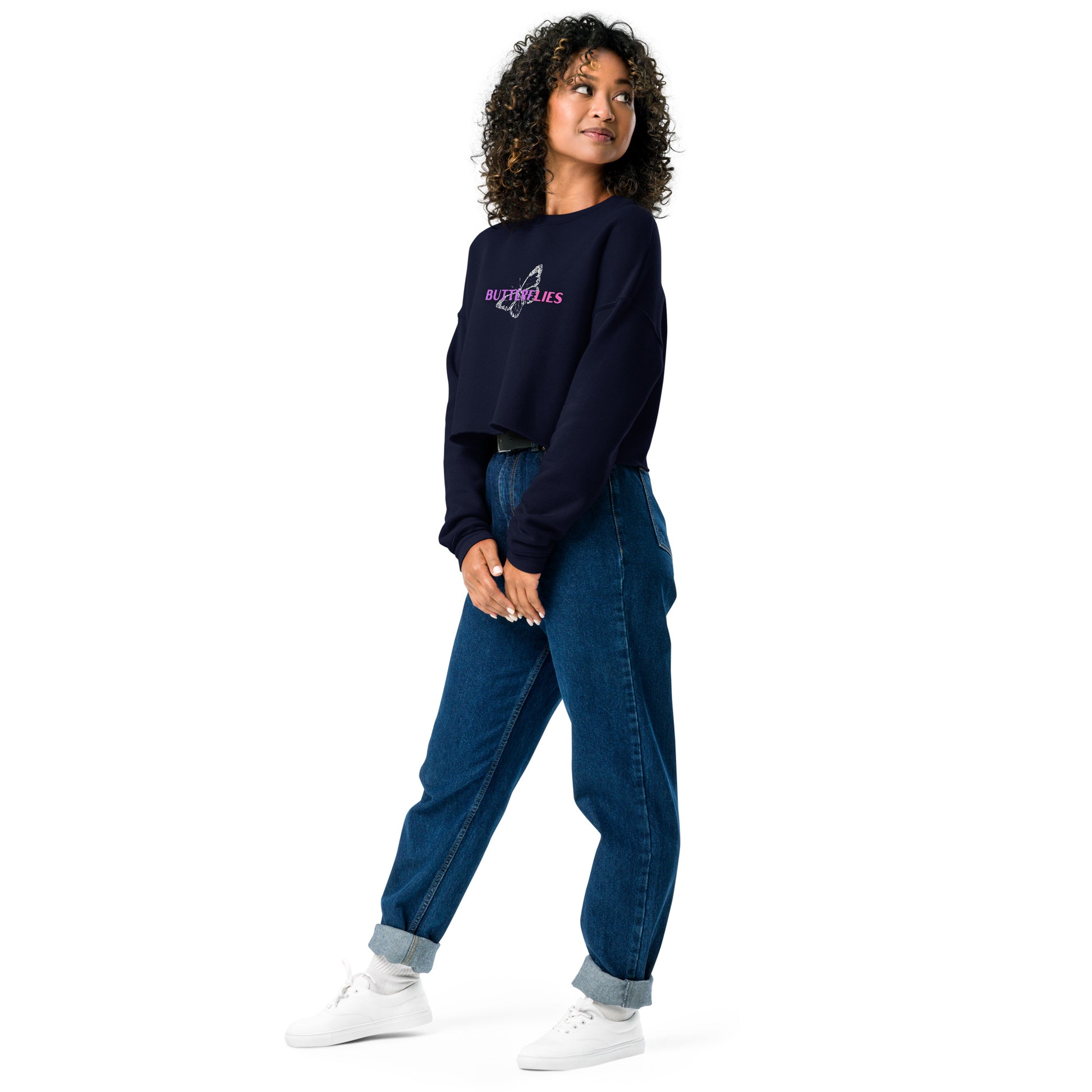 Whispers Of Wings Butterflies Women's Crop Sweatshirt - Navy - FLAKOUT